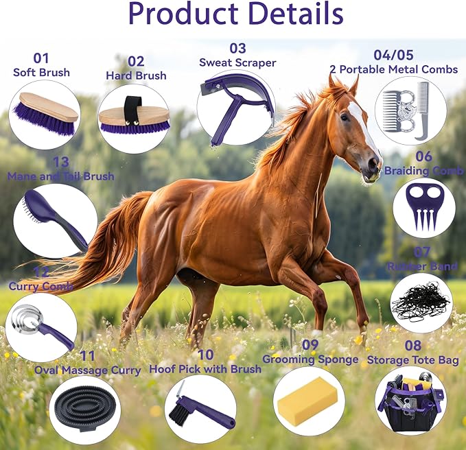 13 Piece Horse Grooming Kit, Complete Horse Brush Set & Curry Comb, Horse Brushes for Grooming with Tote Bag, Tack Room Supplies for Effective Bathing Massaging, Gift for Horses Owners (Purple)