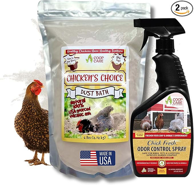 Chicken's Choice Chicken Dust Bath, 6 lb Natural Volcanic Ash Dust Bath for Chickens with Chick Fresh Odor Control and Eliminator 24 oz Spray Bottle. Made in America