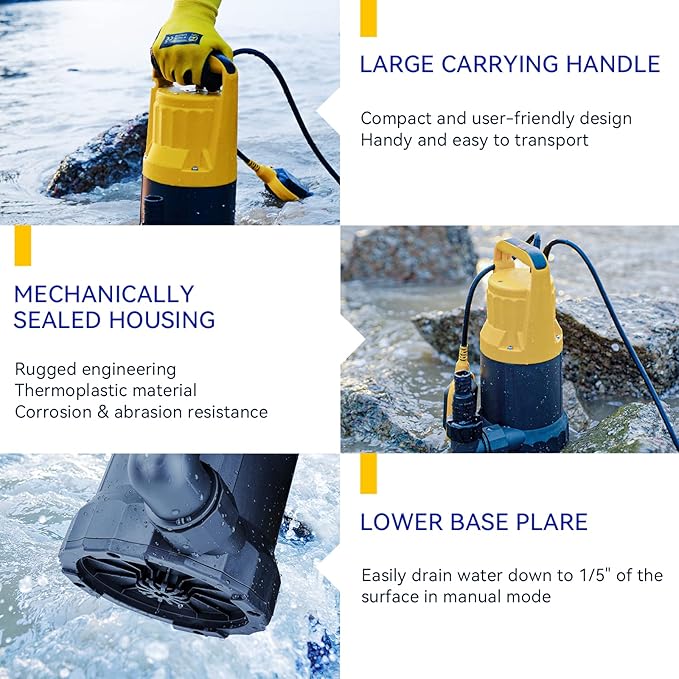 Acquaer 1HP Sump Pump Submersible 4345GPH Water Pump with Automatic Float Switch for Water Removal in Hot Tubs, Pools, Basements, and Garden Ponds