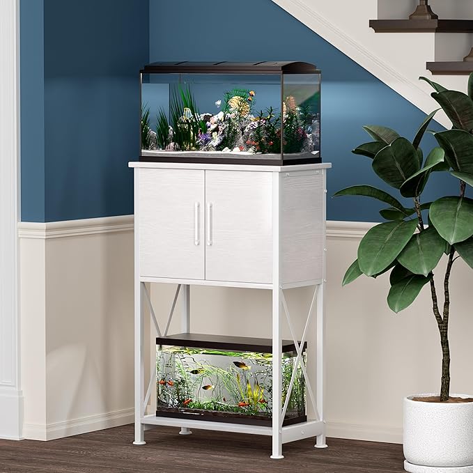 Herture 5-10 Gallon Fish Tank Stand, Metal Double Aquarium Stand with Cabinet for Fish Tank Accessories Storage, Heavy Duty 20.5" L* 11.02" W Tabletop, 500LBS Capacity White PG06YGW