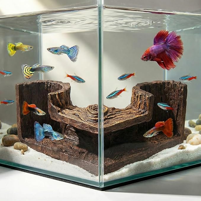 Aquarium Cave - Natural Resin Wood-Like Fish Tank Decorations & Accessories, 5.1" x 2" x 2.7" Safe Betta Hide & Tunnel for Guppy, Neon Tetra, Corydoras Catfish - Stackable Corner Ornament