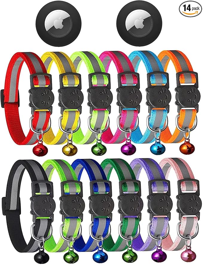 14 Pack Airtag Cat Collar Reflective-Breakaway with AirTag Holder and Bells,Adjustable 7.5''-12.5'',Safety Kitten Collar, Ideal for Girl Boy Cats,Pet Supplies,Stuff(12 Colors and 2 AirTag Holders).