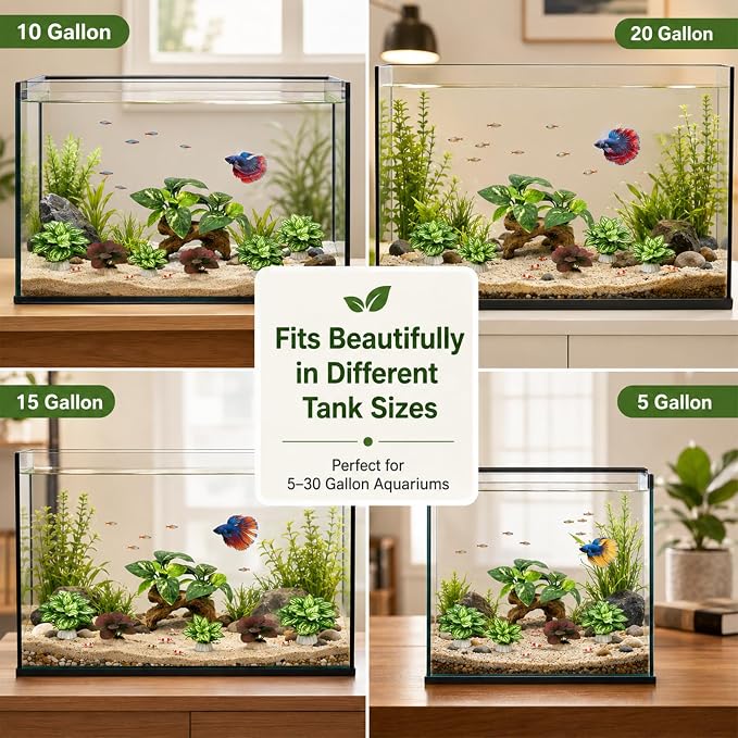9-Pack Silk Aquarium Plants & Driftwood Cave Fish Tank Decor Accessories | Soft Silk Plants Aquarium Decorations, Fish-Friendly, Small Fish Tank Decorations for Betta, Shrimp, Cichlid Tank & Reptiles