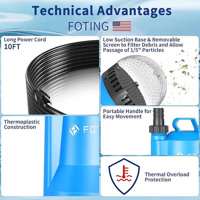 FOTING Sump Pump, 1/4HP 1676GPH Portable Submersible Water Pump for Clean&Dirty Water Removal, Thermoplastic Electric Utility Pump with 10FT Cord for Pool Draining Hot Tub Garden Basement, Blue