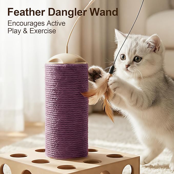 Cat Scratching Board 3 in 1 with Scratching Post, Rotating Teaser Wand & Bell Ball, Cat Nail File Enrichment Box for Indoor Cats Kitten, Interactive Cat Toys for Boredom Relief