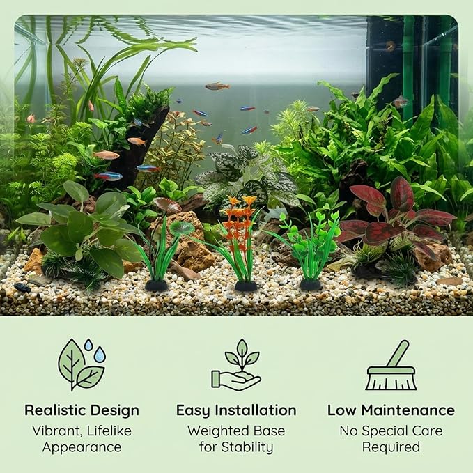 6PCS Silk Aquarium Plants, Underwater Decor Set for Fish Tanks, Silk Plants for Fish Tank, Goldfish, and Shrimp Habitats, Silk Plant Collection with Driftwood and Leaf Varieties