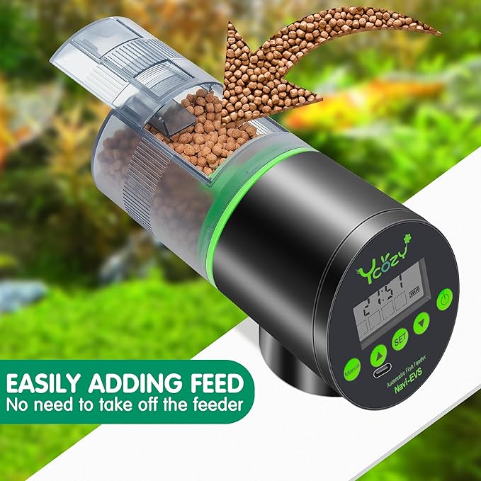 Ycozy Automatic Fish Feeder Rechargeable with USB Cable Moisture-Proof Intelligent Electric Fish/Turtle Feeder for Aquarium & Fish Tank (Plug Powered-EVS)