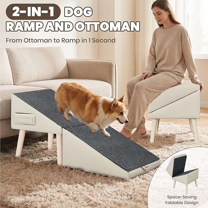 Dog Ramp for Couch and Bed, 17" H Stairs for Small to Medium Dogs and Cats Foldable Steps for Pets to Get on High Bed, Non-Slip Sturdy Ottoman Ramp with Storage Drawer, Brown