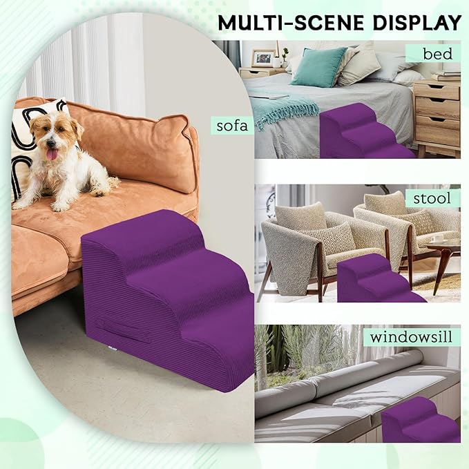 Mesa Lemon Dog Steps for Small Dogs, 3-Step Dog Ramp and Stairs for High Beds and Sofa, Non-Slip Pet Stairs Removable and Easy to Clean Cover, Purple