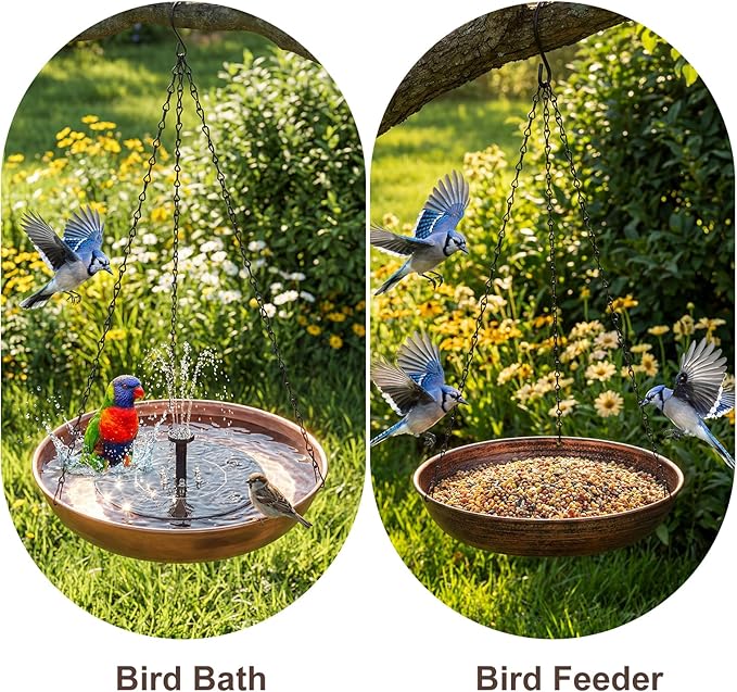 Edenseelake Hanging Bird Bath with Multii-Color Light Solar Powered Fountain for Outside, Metal Bird Feeder with Detachable Bowl for Outdoors Lawn Patio Yard Garden Decor