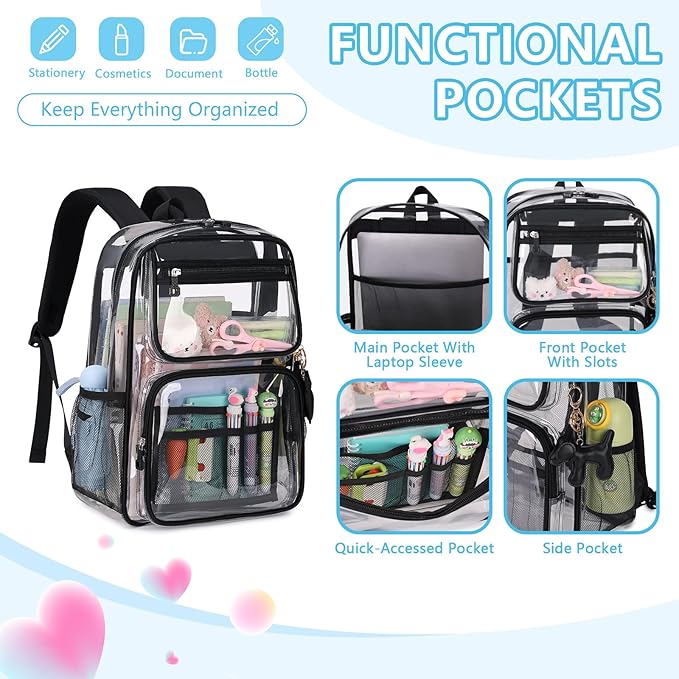 MOONBABY Clear Backpack for School Girls, Heavy Duty TPU Transparent Backpack Stadium Events Approved, Clear Bookbag