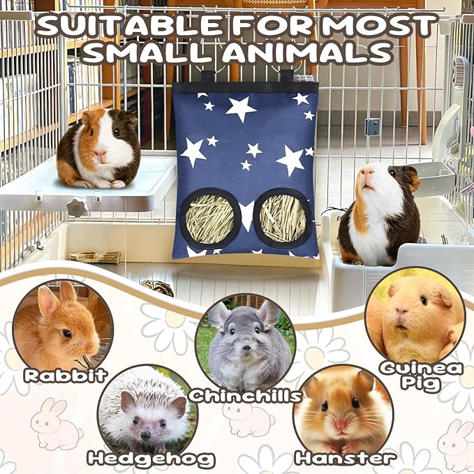 2 Pack Rabbits Hay Feeder Bag, 2 Holes Hanging Bunny Hay Feeder Guinea Pig Feeding Bag Storage Dispenser for Bunny Rabbits Chinchillas Hamsters Small Pets and Animals