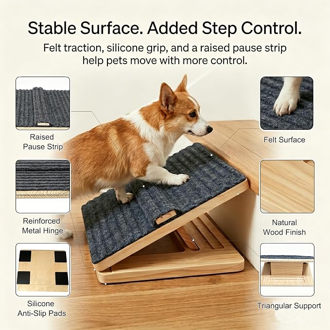 4 Pack Dog Ramp for Stairs – Solid Wood Adjustable & Foldable, 4 Heights, Non-Slip Silicone Base, Traction Felt, Raised Pause Strip, 35lb for Small & Senior Dogs