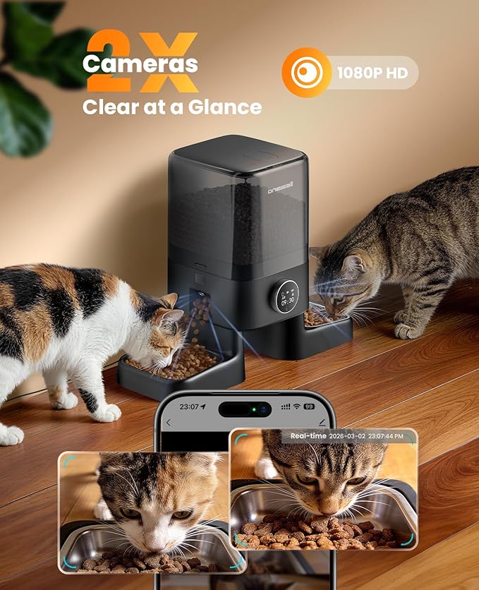 oneisall Automatic Cat Feeder with Camera for 2 Cats, 1080P HD Night Vision, 20 Cups/5L Cat Feeder Automatic, 2-Way Audio, 5G WiFi APP Remote Control Pet Feeder