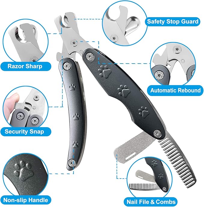 Best Dog Nail Trimmer for Anxiety Sensitive Dog, Silent Sharpest Smoothest Dog Nail Clippers for Thick Nail Large Dogs, 3-in-1 Build-in Comb & Nail File, Heavy Duty Professional Canine Nail Clipper