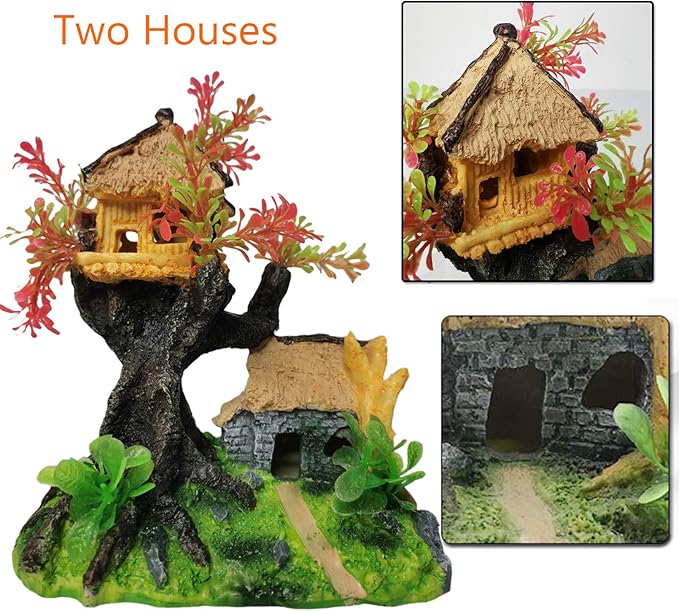 Hamiledyi 4PCS Aquarium Decoration, Fish Tank Artificial Resin Castle Ornaments, Betta Tank Landscape Decorations with Plastic Plants for Shrimp Fish Climbing Hiding