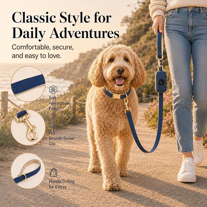 Herringbone Tweed Dog Collar and Leash Set for Medium Dogs, Navy Blue | Snag-free, no-rub design. Soft breathable cotton, gentle on fur. Adjustable durable matching combo for walks & outdoors.