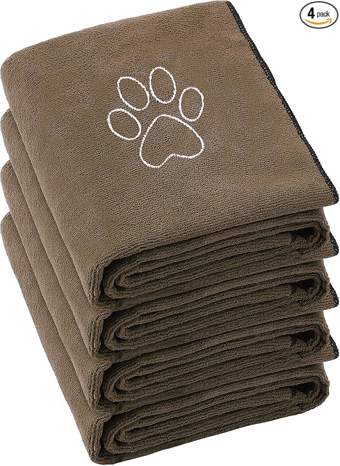 Chumia 4 Pack Dog Towels for Drying Large Microfiber Grooming Tools Absorbent Soft Bath Supplies with Embroidered Paw for Small Medium Pet Products(30 x 50 Inch,Brown)