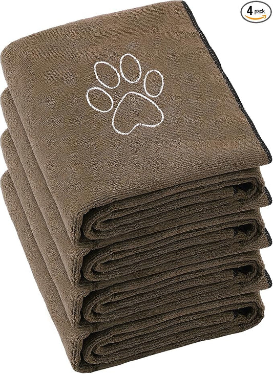 Chumia 4 Pack Dog Towels for Drying Large Microfiber Grooming Tools Absorbent Soft Bath Supplies with Embroidered Paw for Small Medium Pet Products(30 x 50 Inch,Brown)