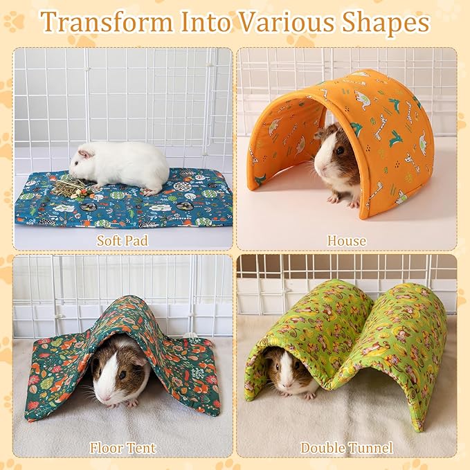 BreezeHug 4 Pcs Guinea Pig Tunnel Foldable Rabbit Hideout Washable and Soft Bunny Hide House Ferret Tunnel Toys Cage Accessories for Small Animal Hamster Hedgehogs Chinchilla(Forest Animals)