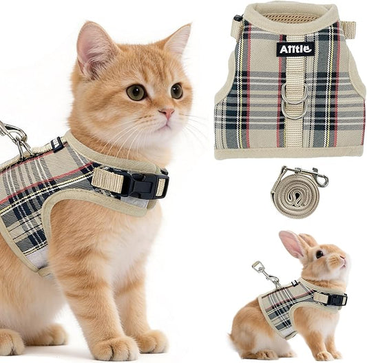 AIITLE Adjustable Bunny Harness & Leash Set - Soft Mesh Liner, Comfort Fit Plaid Pattern Vest with Magic Tape Design, Portable for Small Animal Pets Puppy Cat Rat Squirrel Ferret, Beige L
