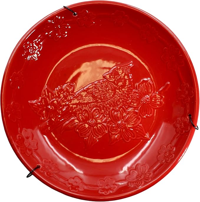 Red Ceramic Bird Bath Bowl - Hanging Bird Baths for Outdoors - 12-Inch Glazed Ceramic Bowl with Embossed Cardinal & Dogwood Design - Metal Chain & Hook
