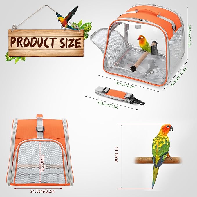 Small Bird Carrier, Large Window Travel Cage with Stand and Easy Clean Tray for Parrot Parakeet Cockatiels, Lightweight and Portable, Orange H