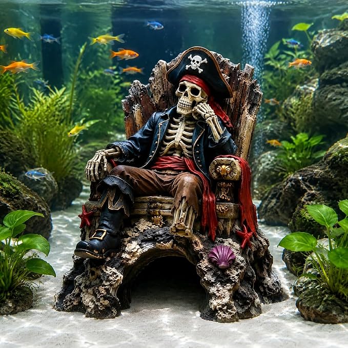 Pirate Skeleton Throne Aquarium Ornament Resin Fish Tank Hideout Cave for Small Fish Realistic Skull King Castle Decor 15cm Gothic Gothic Statues Freshwater Saltwater B