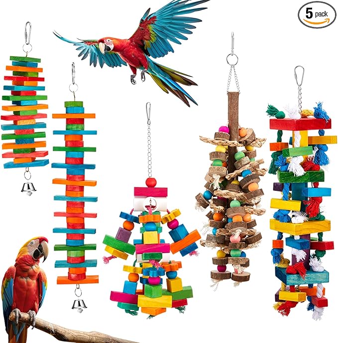 Seenelling 5 Pcs Extra Large Bird Parrot Toy Multicolored Natural Wooden Parrot Cage Chewing Toys for Large Medium Macaws Cockatoos African Grey Birds (Block and Ball)