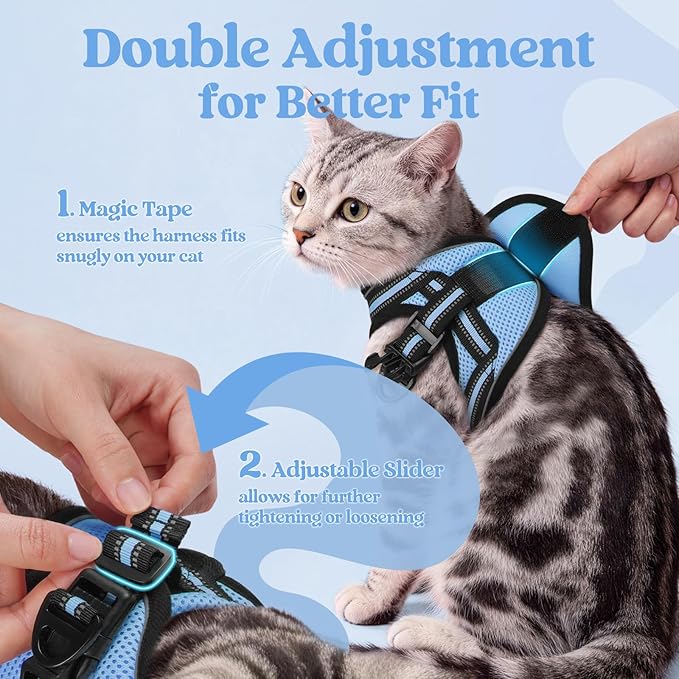 rabbitgoo Cat Harness and Leash Set for Walking Escape Proof, Adjustable Soft Kittens Vest with Reflective Strip for Cats, Comfortable Outdoor Vest, Light Blue, L