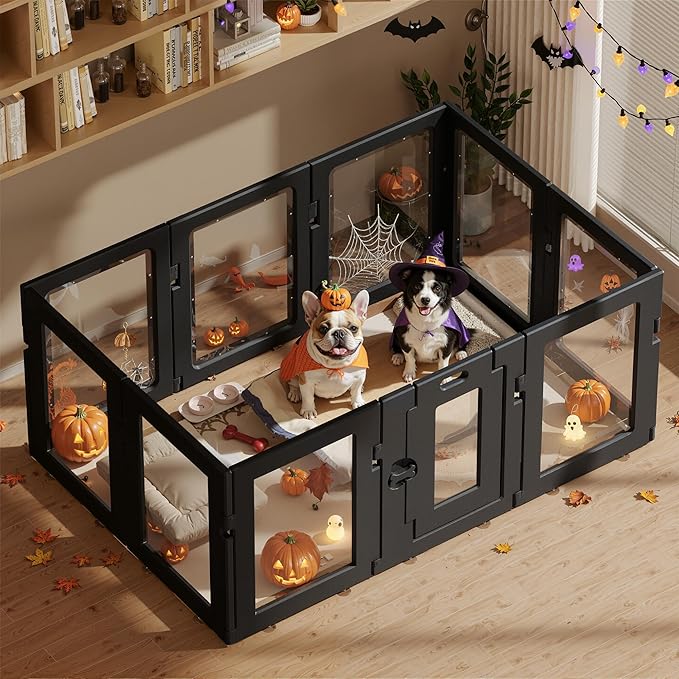 Clear Acrylic Dog Playpen with Door, Puppy Playpen for Indoor Use with Heavy Duty Door Lock, Easy Assemble Pet Pen Fence for Small Dogs and Puppies (Black, 24 in-H, 10 Panel)