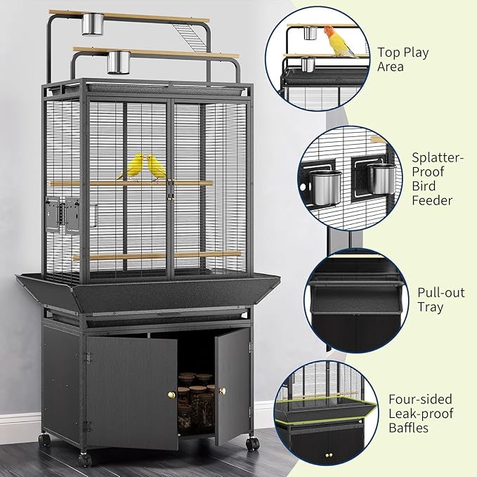 Garvee 71" H Rolling Bird Cage,Large Rolling Birdcage with Top Stand & Storage Cabinet,Black Walnut Wood Parakeet Cage for Macaw Parrot Cockatiel Budgie