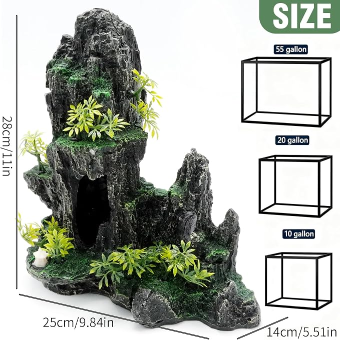 Hoypeyfiy Large Aquarium Decorations and Tall Aquarium Decor for Fish Tank Decorations Artificial Mountain View Ornament Tall Large Aquarium Rock Decor Tree House with Hiding Caves Natural Landscape