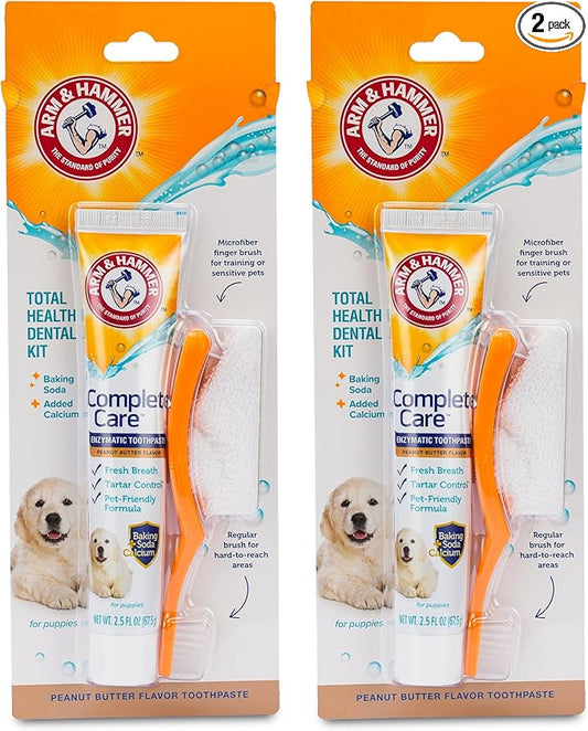 Arm & Hammer Complete Care Puppy Dental Kit, Enzymatic Toothpaste with Baking Soda and Calcium for Dogs, Peanut Butter Flavor, Toothbrush and Microfiber Brush Included, Fluoride-Free, 2.5 Oz - 2 Pack