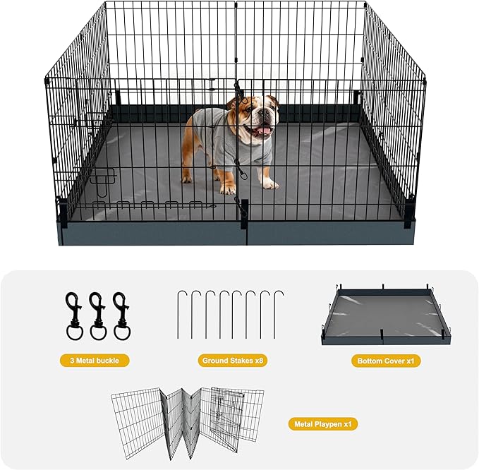 Dog Playpen,Foldable Metal Puppy Play Pen with Bottom Pad,24x36in 8 Panels Dog Playpen with Door for Indoor Outdoor,Heavy-Duty Pet Exercise Fence for Small Medium Animals