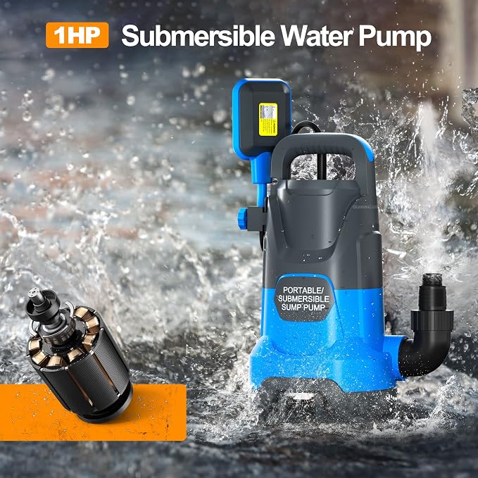 Submersible Water Automatic Sump Pump 1HP Clean/Dirty Water Removal Pump 4000PGH With Float Switch Electric Portable Transfer Water Pump for Swimming Pool Garden Pond Basement Draining
