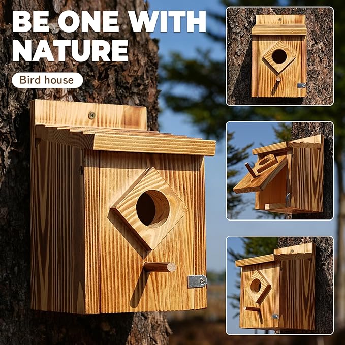 Waterproof Wooden Blue Bird House, Weather Treated Bluebird Box Houses for Outdoors, Nesting Box for Wrens, Swallows, Finches, Chickadee