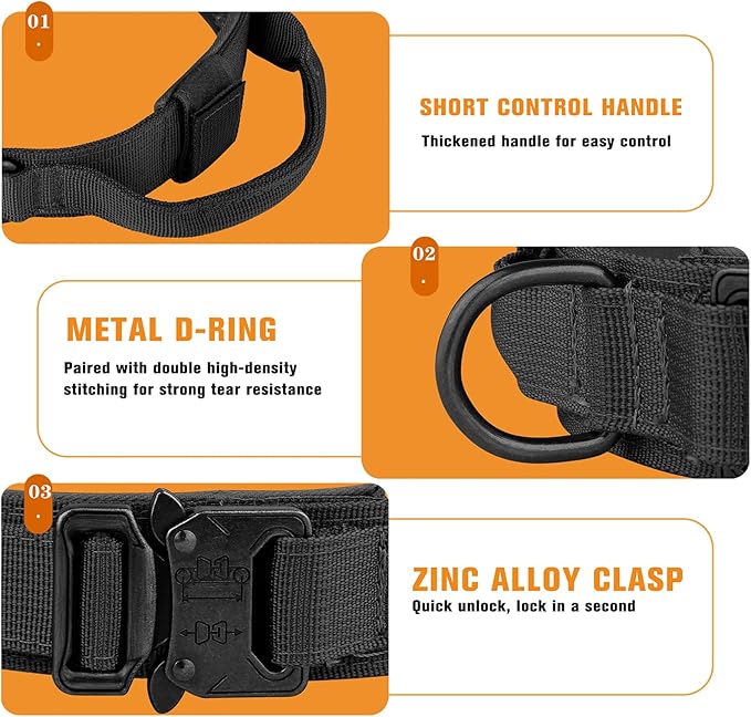 HYDEME Tactical Dog Collar Adjustable Nylon Collar with Control Handle and Heavy Metal Buckle for Medium and Large Dogs, with Patches&Airtags Case&Poop Bag Dispenser&Portable Bowl. (L, Black)