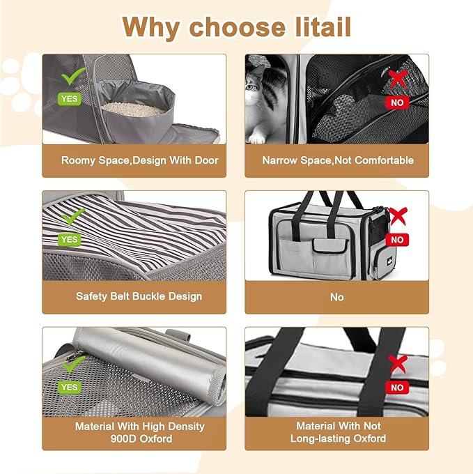 Expandable Cat Carrier with Portable Litter Box, Soft-Sided Pet Travel Carrier for Large Cats up to 20 lbs, Foldable Car Seat Crate for Long Distance Road Trips, Light Gray