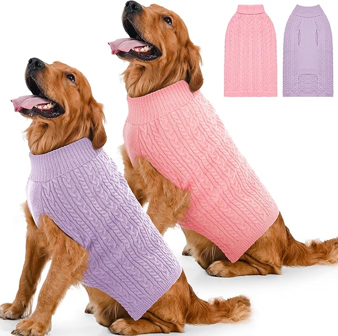 2 Pack Dog Sweaters for Large Dogs Winter Turtleneck Pullover Cable Knit Fleece Stretch Pitbull Labrador Golden Retriever Doberman Bulldog Boy Girl Pet Clothes (XL, Pink & Purple)