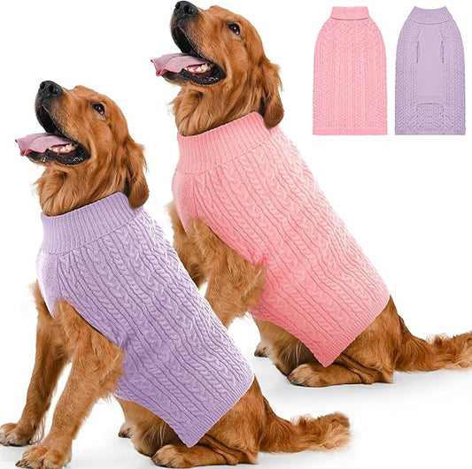 2 Pack Dog Sweaters for Large Dogs Winter Turtleneck Pullover Cable Knit Fleece Stretch Pitbull Labrador Golden Retriever Doberman Bulldog Boy Girl Pet Clothes (XL, Pink & Purple)
