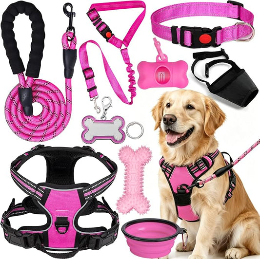 No Pull Dog Harness Adjustable Collar & Leash Set - Dog Halter Harnesses Collapsible Bowls & Poop Bag Dispenser Muzzle ID Tags Toys Fits Small Medium Large Dogs (Pink-L)