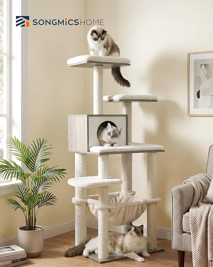 SONGMICS HOME Cat Tree Tower, Multi-Level Cat Condo with Hammock and Sisal Scratching Posts, Furniture for Indoor Large Cats, Greige