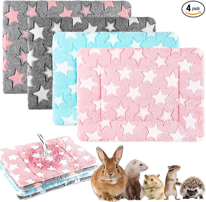 Haull 4 Pcs Waterproof Guinea Pig Bedding Guinea Pig Bed Plush Cage Liners Soft Rabbit Dog Crate Pad Cat Mat Reversible Cozy Animal Pee Pad Hamster Bunny Mat Accessory(Cute Star,13 x 10 Inch)