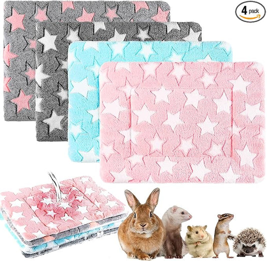 Haull 4 Pcs Waterproof Guinea Pig Bedding Guinea Pig Bed Plush Cage Liners Soft Rabbit Dog Crate Pad Cat Mat Reversible Cozy Animal Pee Pad Hamster Bunny Mat Accessory(Cute Star,13 x 10 Inch)