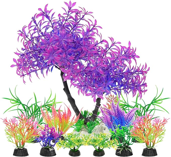 AQUANEAT Artificial Aquarium Plants, Fish Tank Purple Tree Decoration Set, Plastic Accessories, 11pcs