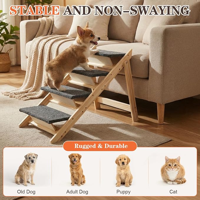 Dog Ramp,2-in-1 Foldable Pet Stairs for High Beds, 4 Steps Dog Steps | Upgraded Anti-Slip Features, Suitable for Couch, Car, Bed and Joint-Friendly Senior Durable Dog Stairs