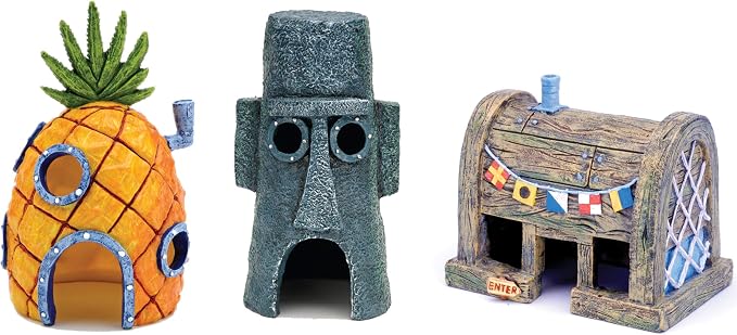 Penn-Plax Spongebob Squarepants Officially Licensed 3-Piece Aquarium Ornament Bundle – Spongebob’s Pineapple House, Squidward’s Easter Island Home, and The Krusty Krab
