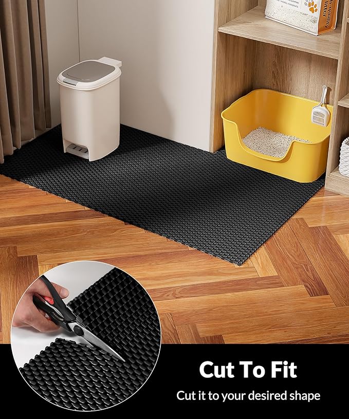 Cooyes Cat Litter Mat - Cut to Fit Any Place, 47"x35" Large Litter Trapping Mat for Litter Box, Easy to Clean, Waterproof & Non-Slip Kitty Pad, Scatter Control to Protect the Floor (Black)