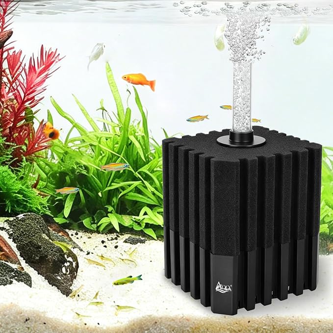 AQQA Aquarium Sponge Filter with Quartz Bio Media, Whisper Quiet Air-Driven | Corner Filter for Fish Tank, Submersible Bio Foam Filter for Breeding Fry Betta Shrimp (Small for 0-5 Gallon)